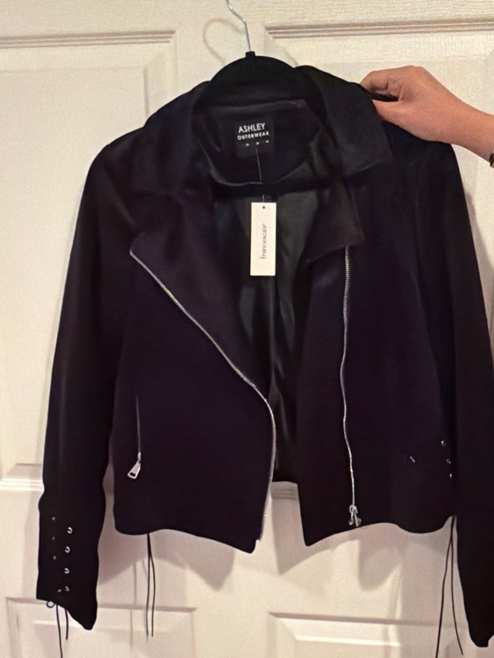Francesca's Collections Black Asymmetrical Moto Jacket with Lace-Up Sleeves